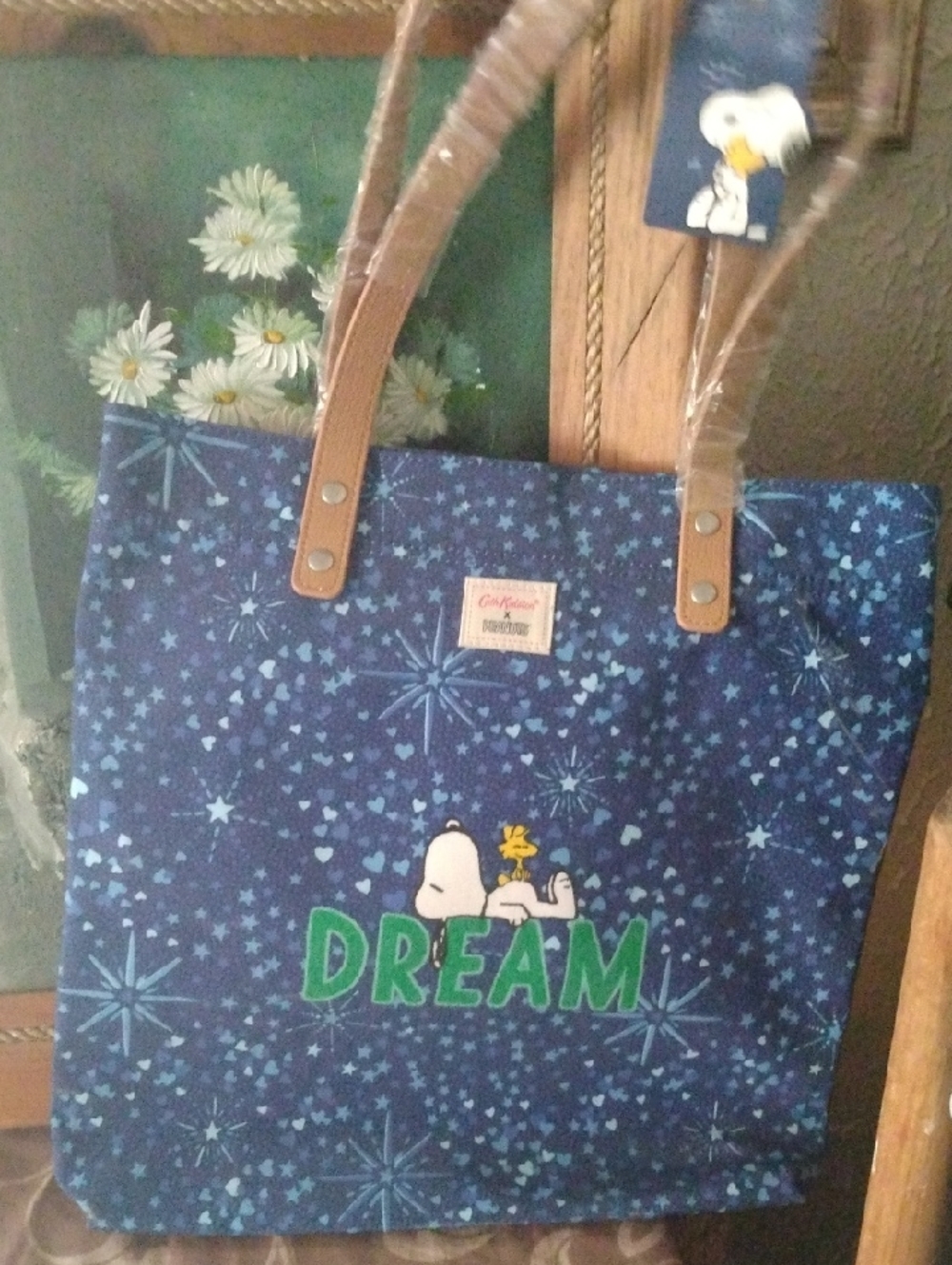 Cath Kidston Navy Star Print Tote with Tan Handles and Green 'DREAM'